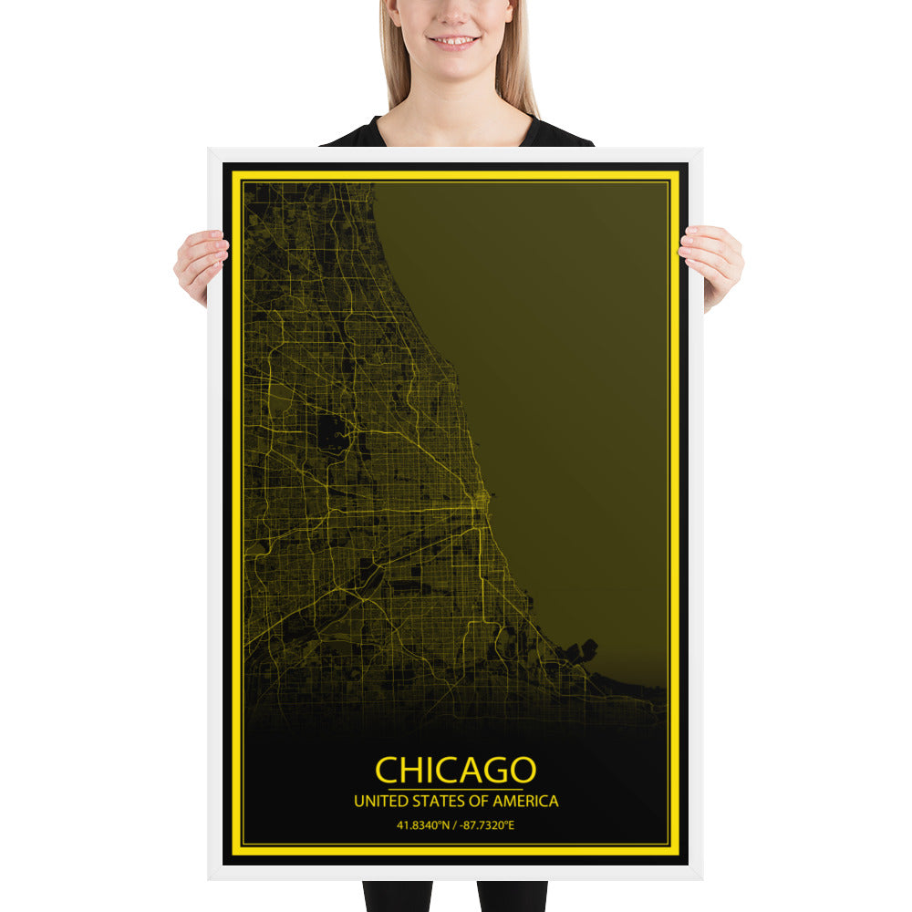 Chicago Black and Yellow Framed Map