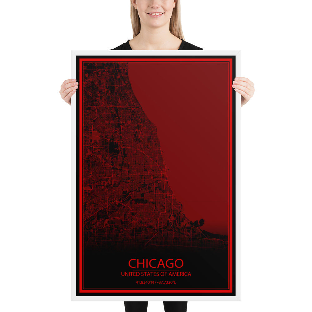 Chicago Black and Red Framed Map