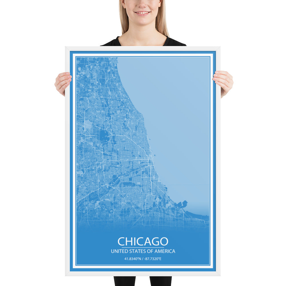 Chicago Blue and White Framed Map