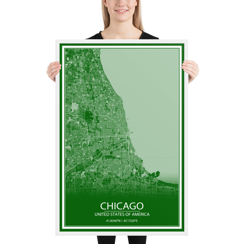 Chicago Green and White Framed Map