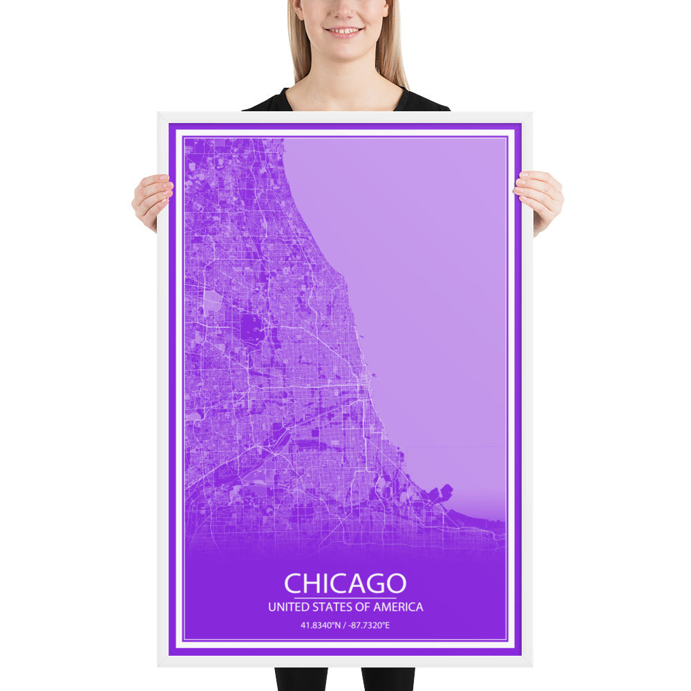 Chicago Purple and White Framed Map