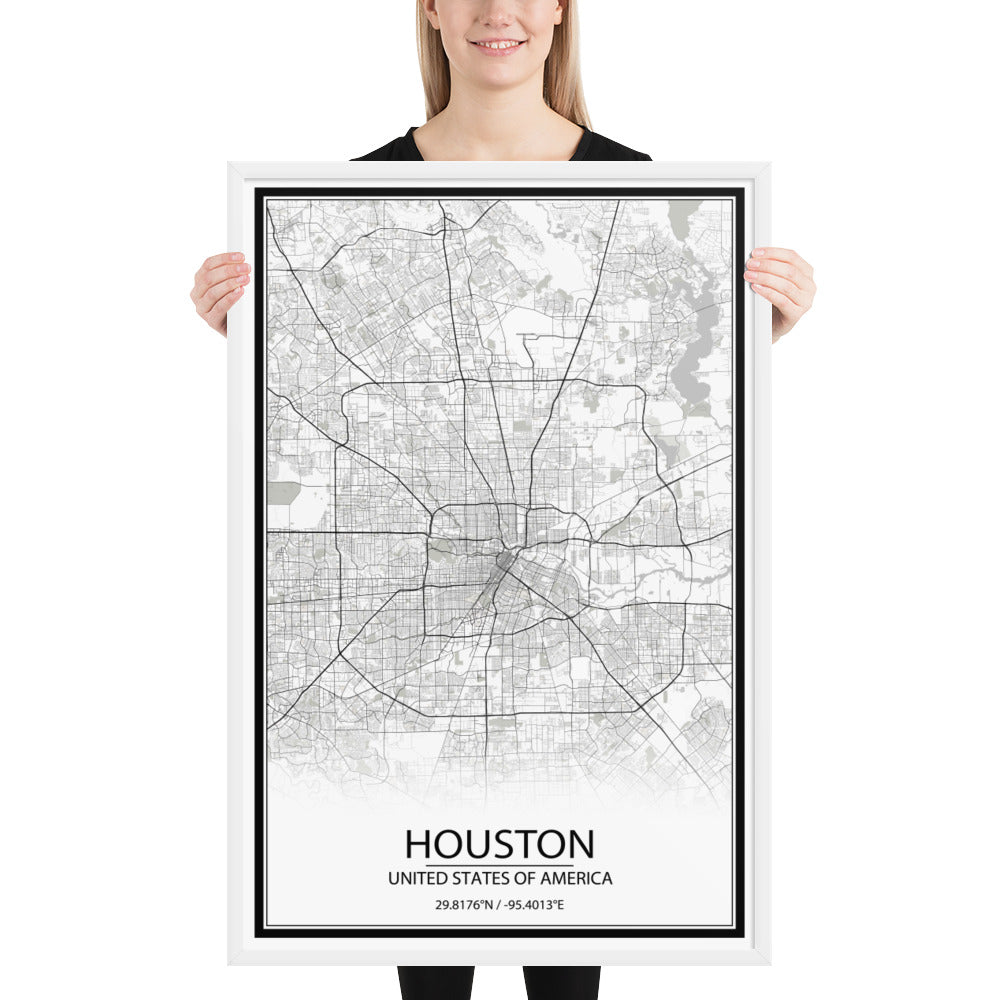 Houston White Framed Map