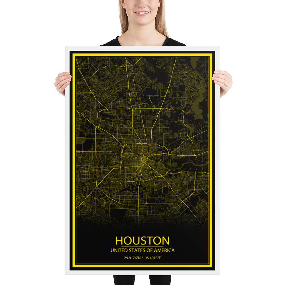 Houston Black and Yellow Framed Map