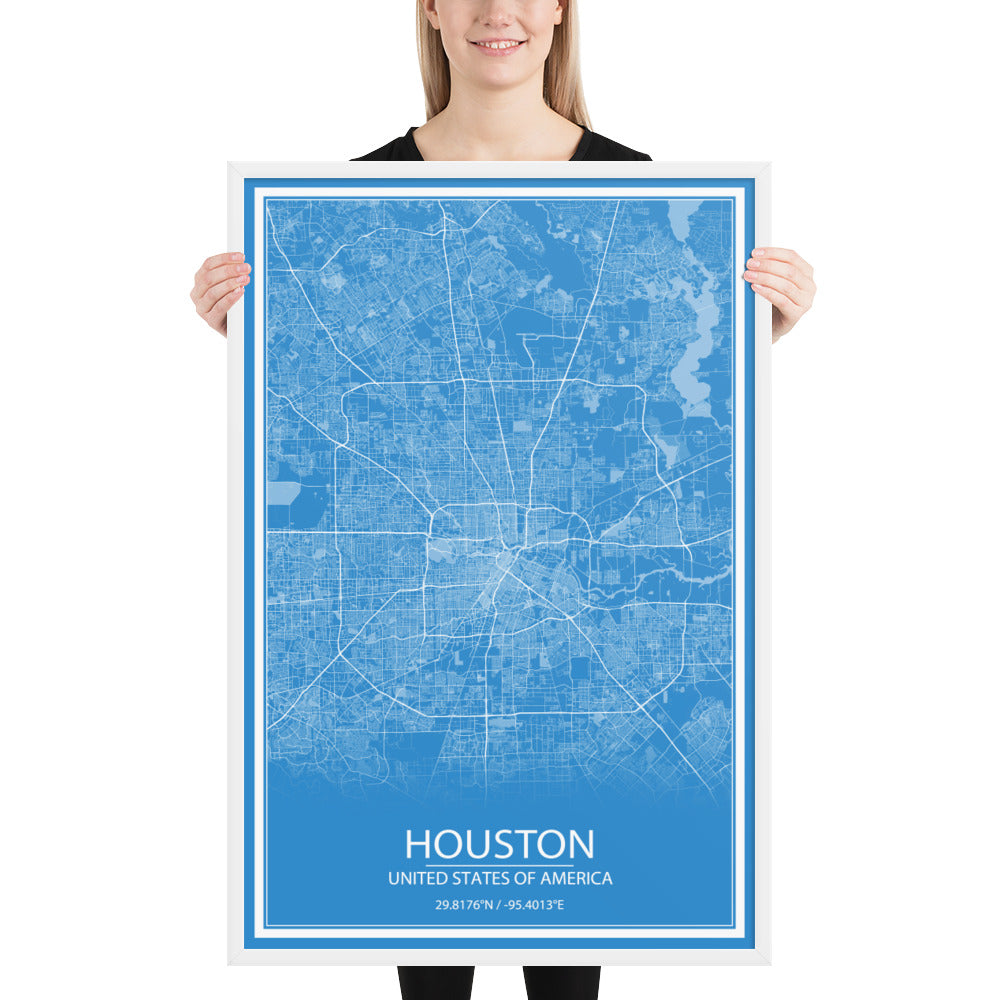 Houston Blue and White Framed Map