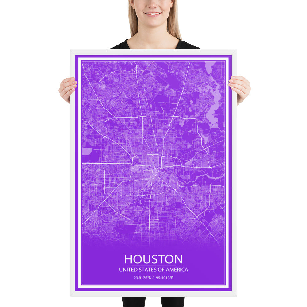 Houston Purple and White Framed Map