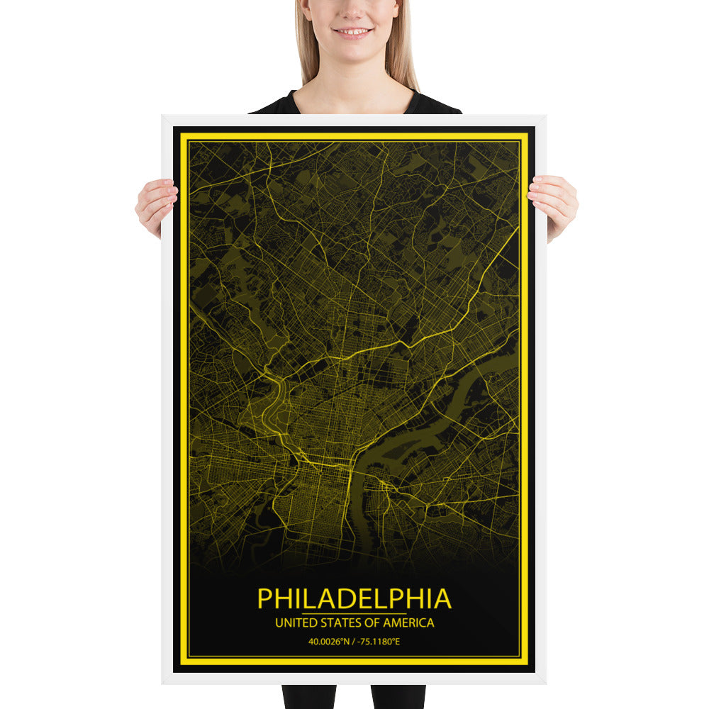 Philadelphia Black and Yellow Framed Map