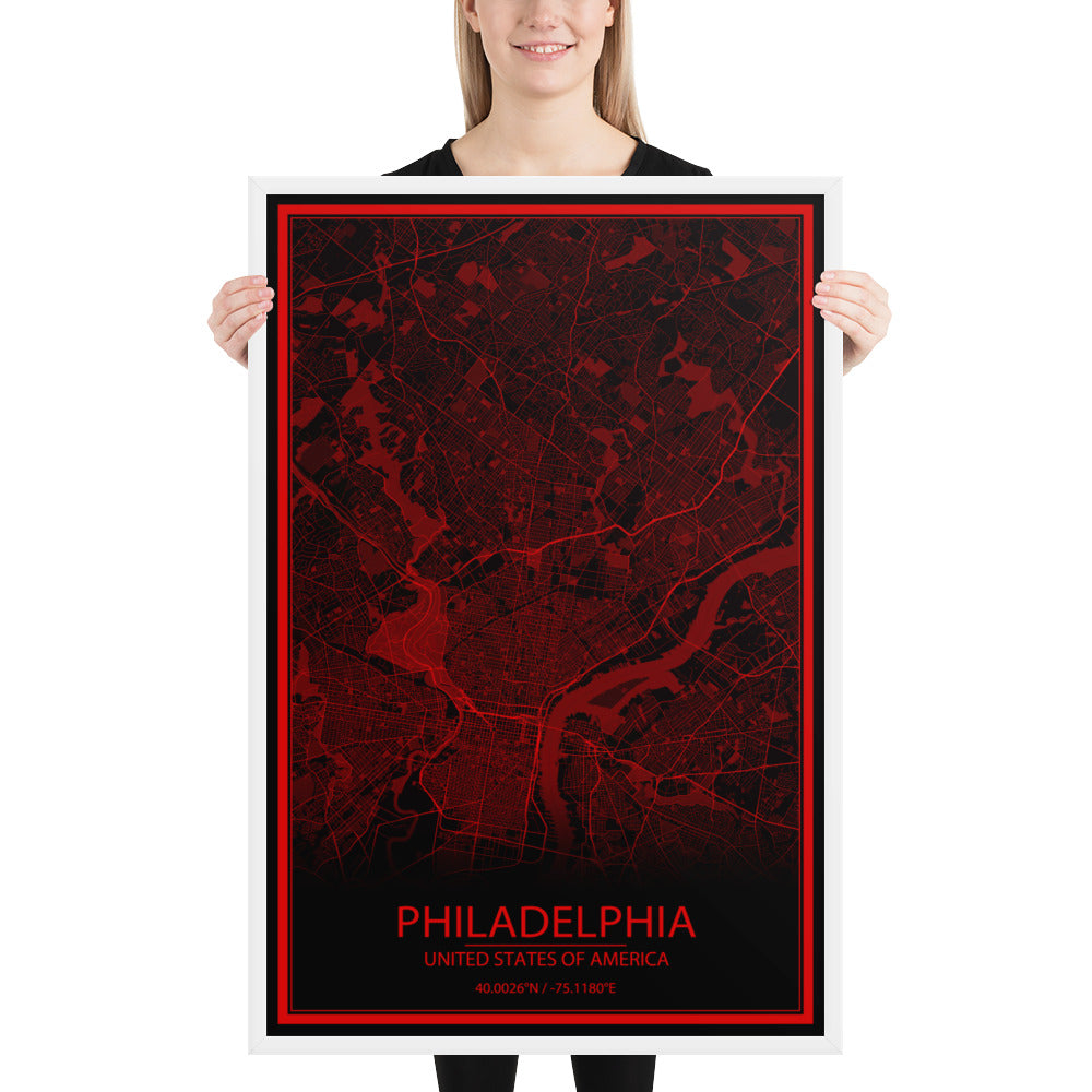 Philadelphia Black and Red Framed Map