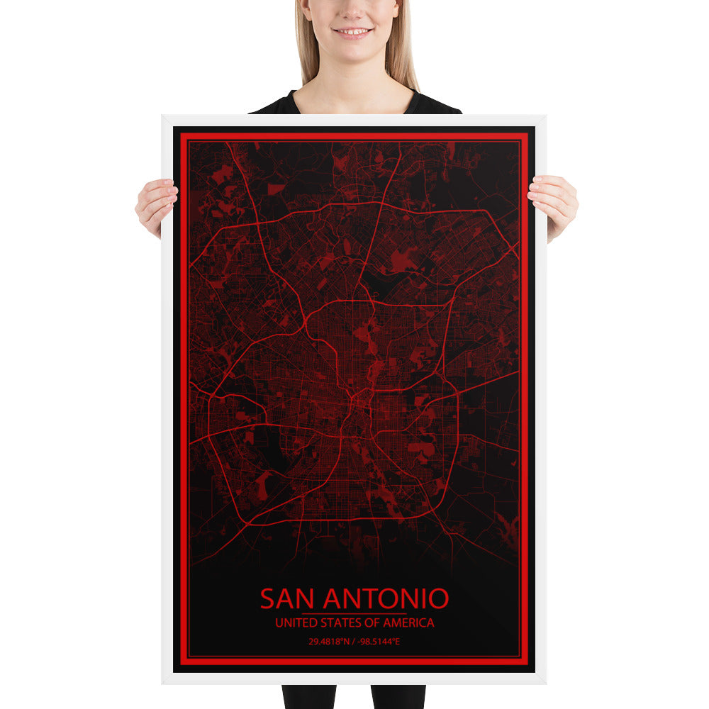 San Antonio Black and Red Framed Map