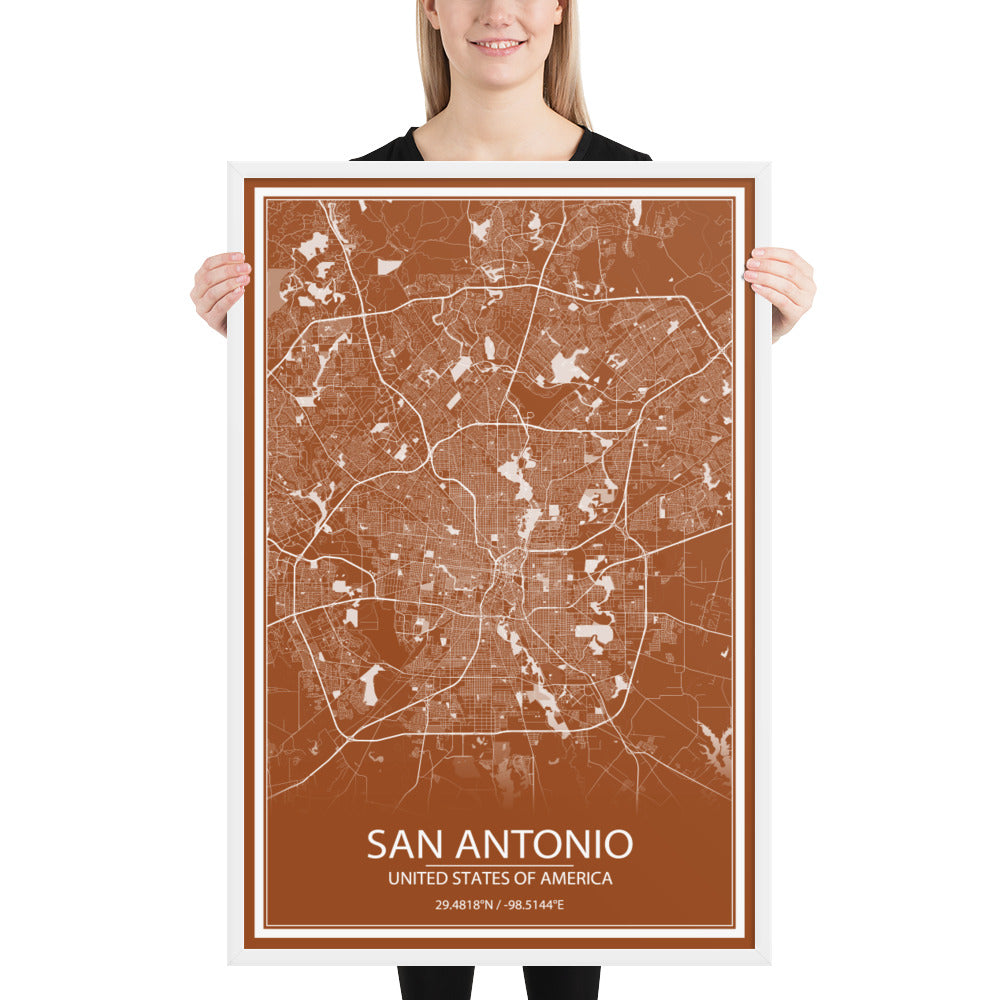 San Antonio Brown and White Framed Map