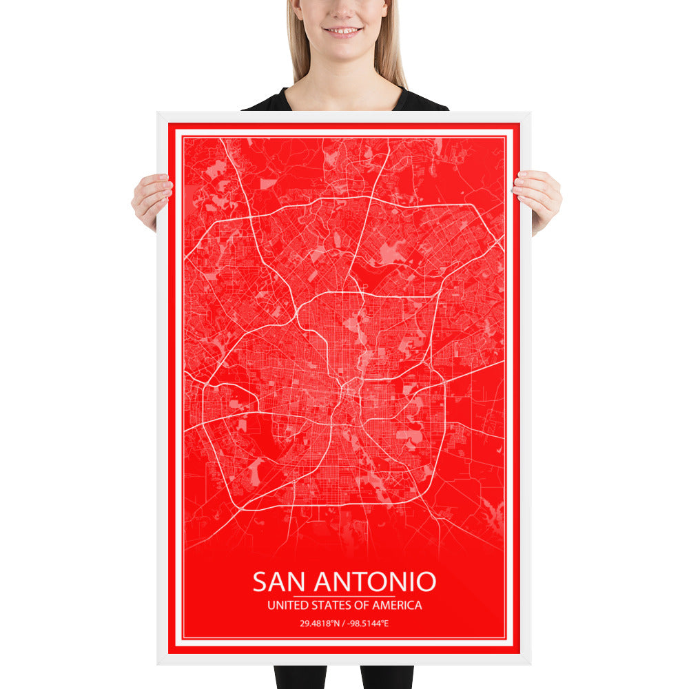 San Antonio Red and White Framed Map