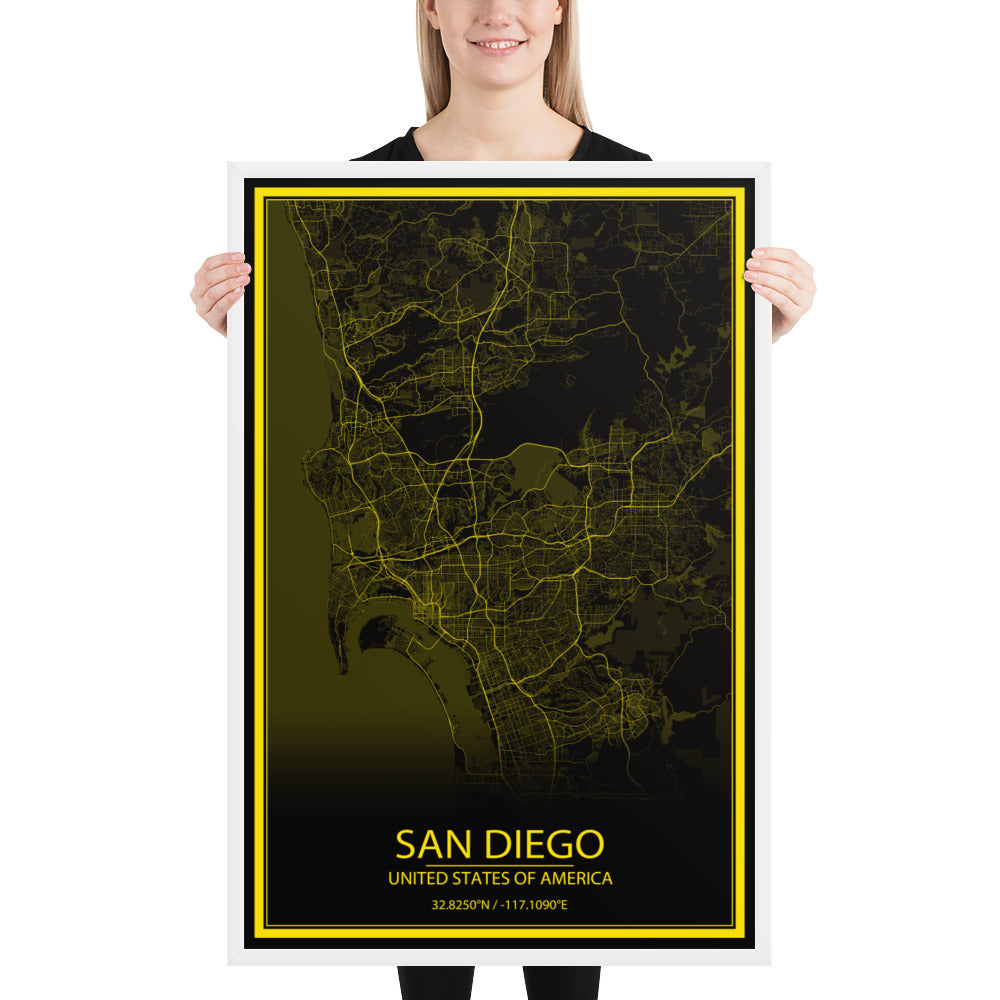 San Diego Black and Yellow Framed Map