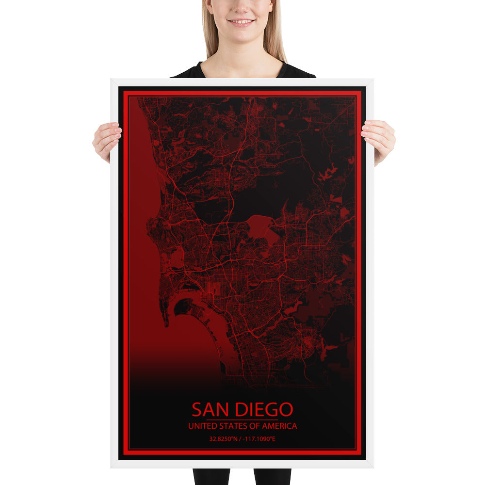 San Diego Black and Red Framed Map