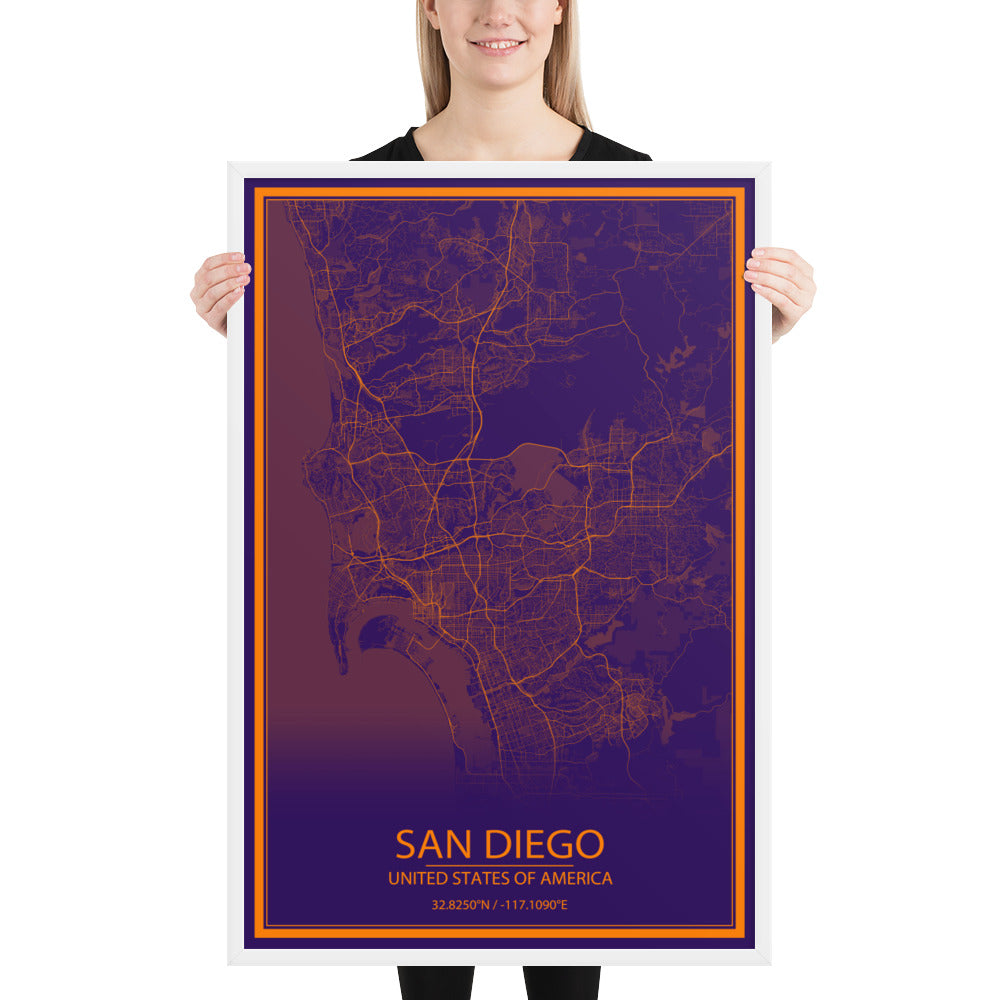 San Diego Purple and Orange Framed Map