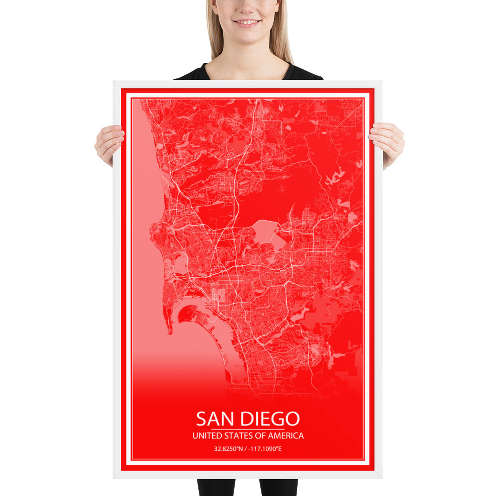 San Diego Red and White Framed Map