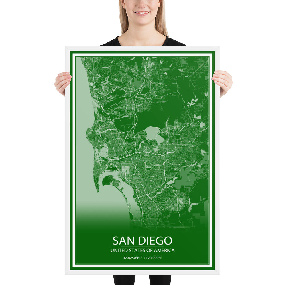 San Diego Green and White Framed Map