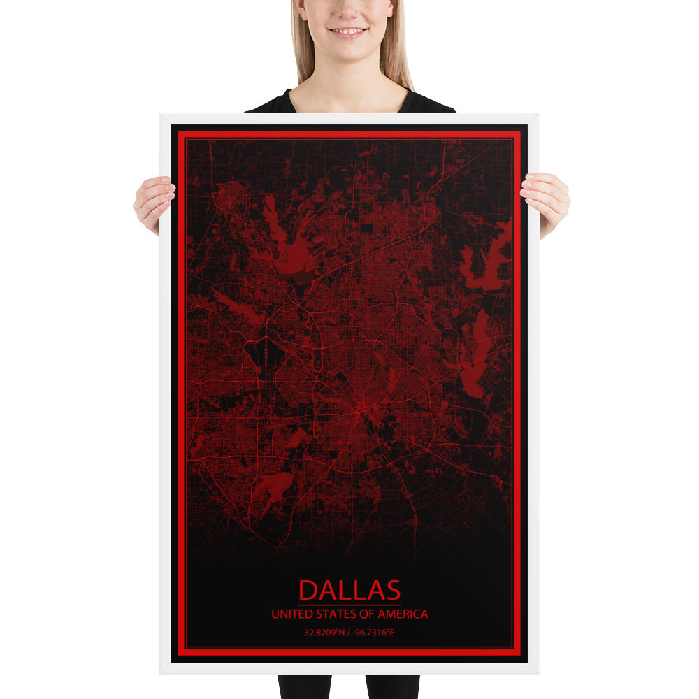 Dallas Black and Red Framed Map