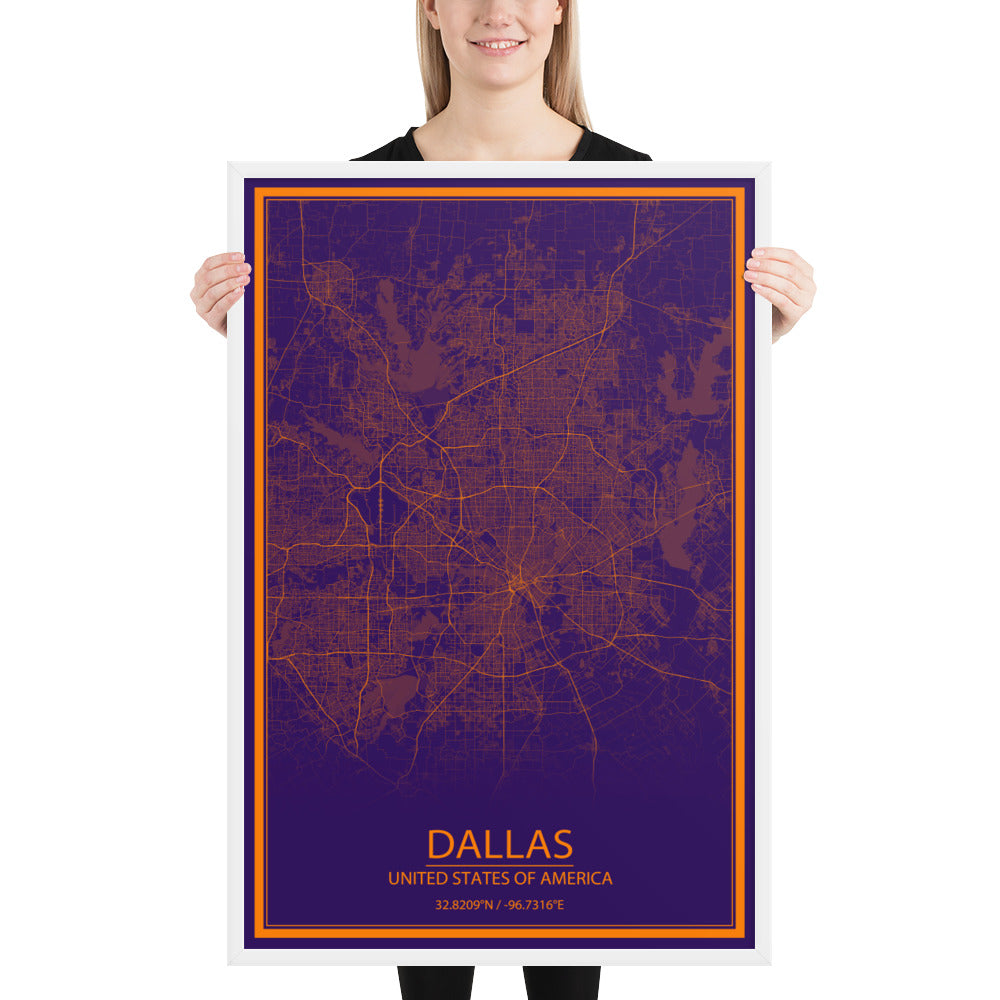 Dallas Purple and Orange Framed Map