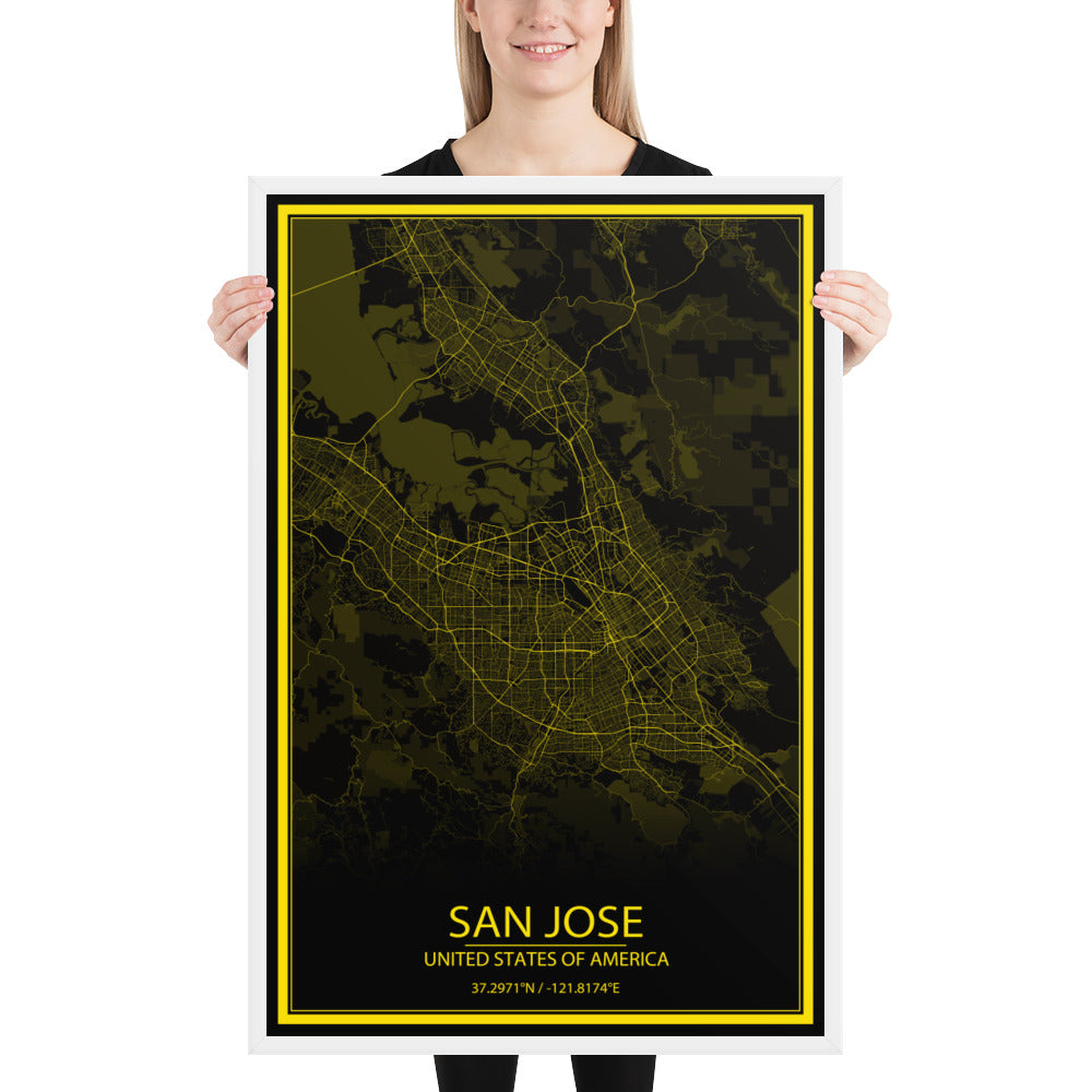 San Jose Black and Yellow Framed Map