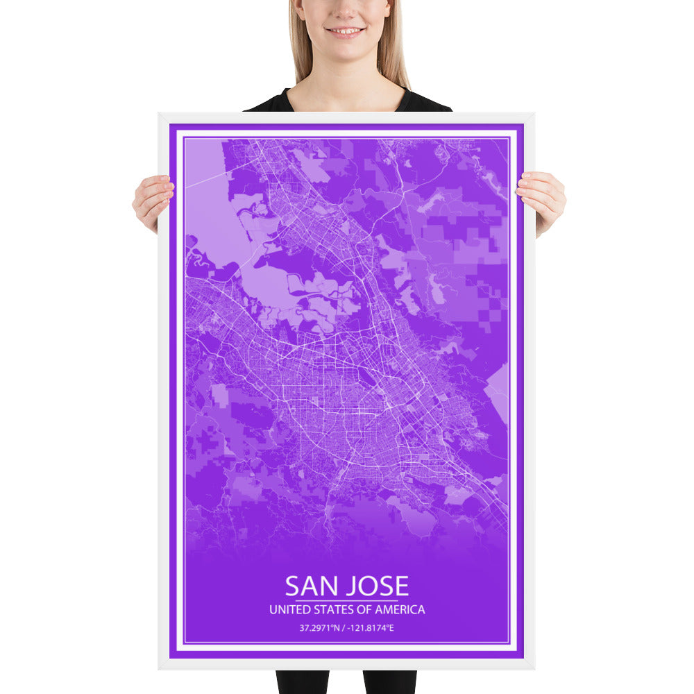 San Jose Purple and White Framed Map