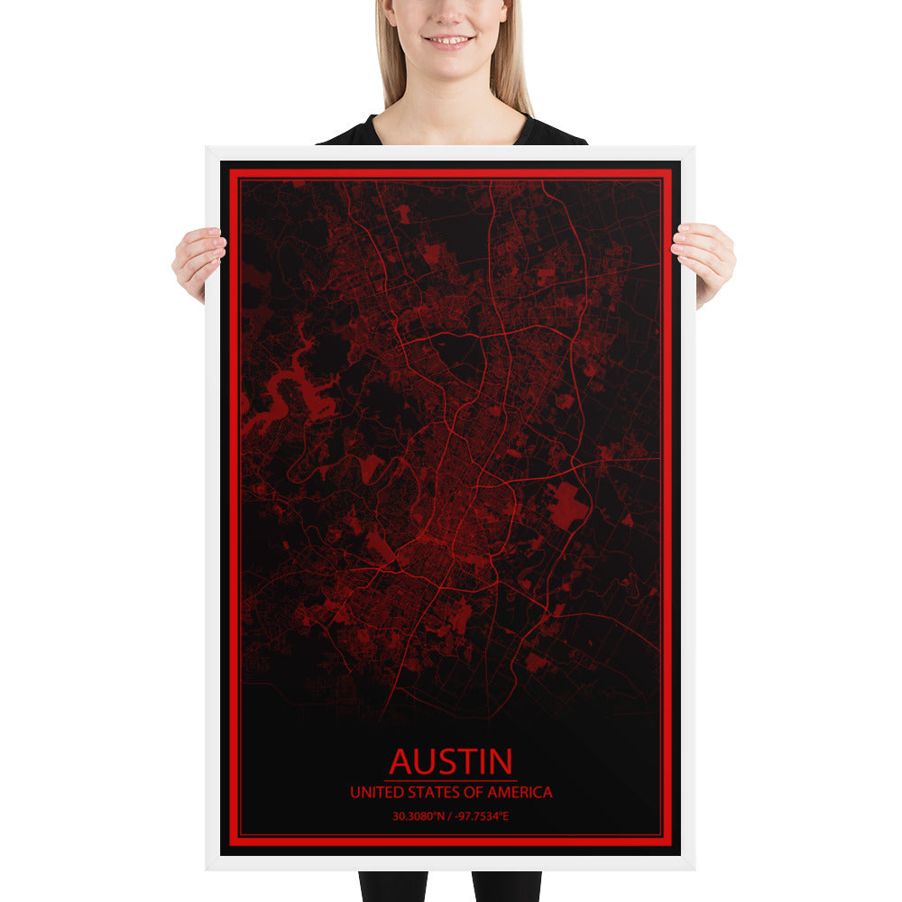 Austin Black and Red Framed Map