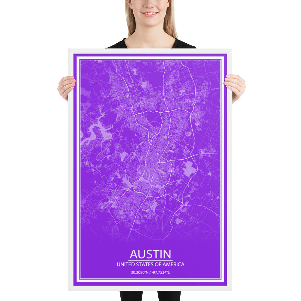 Austin Purple and White Framed Map