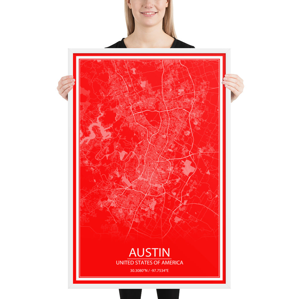 Austin Red and White Framed Map