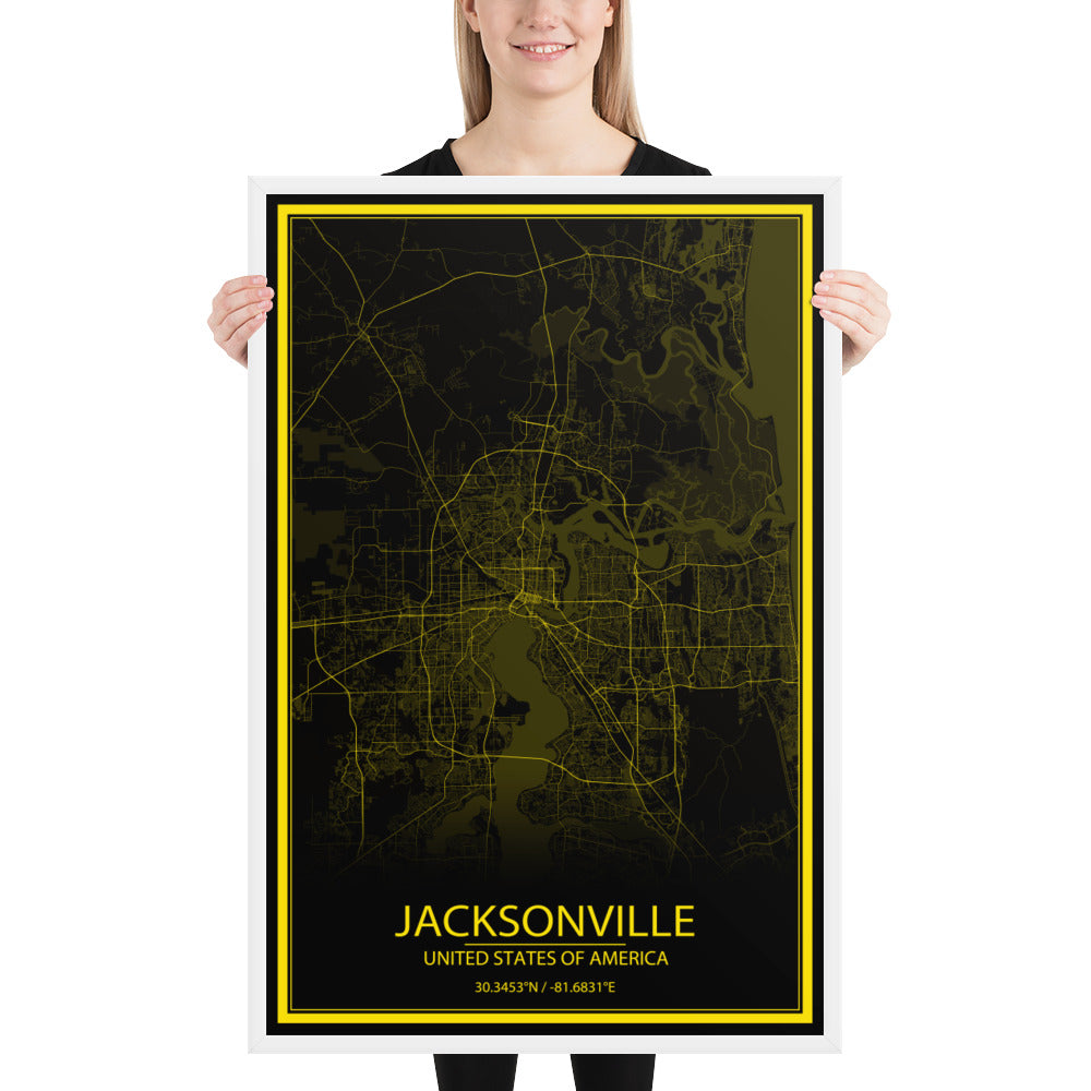 Jacksonville Black and Yellow Framed Map