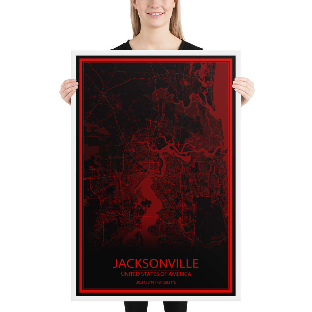 Jacksonville Black and Red Framed Map