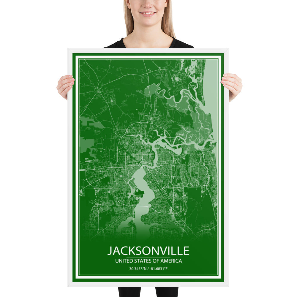 Jacksonville Green and White Framed Map