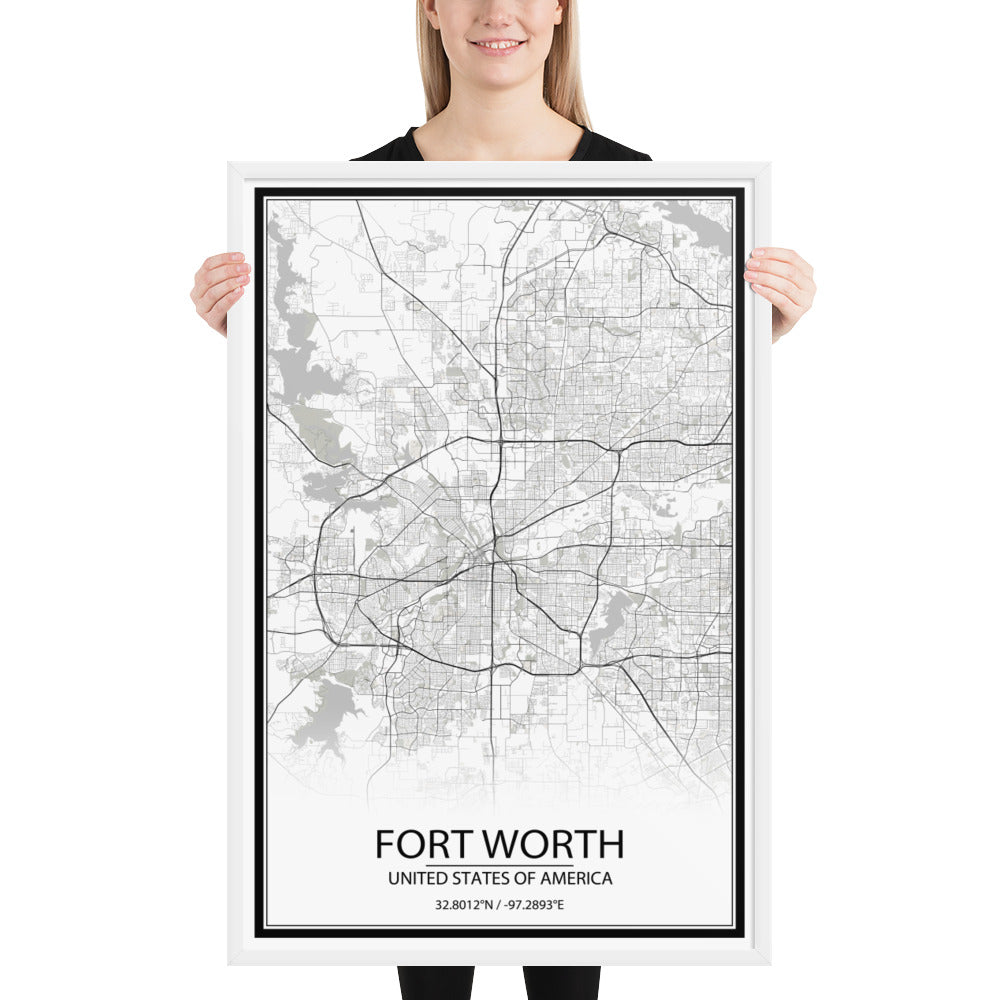 Fort Worth White Framed Map