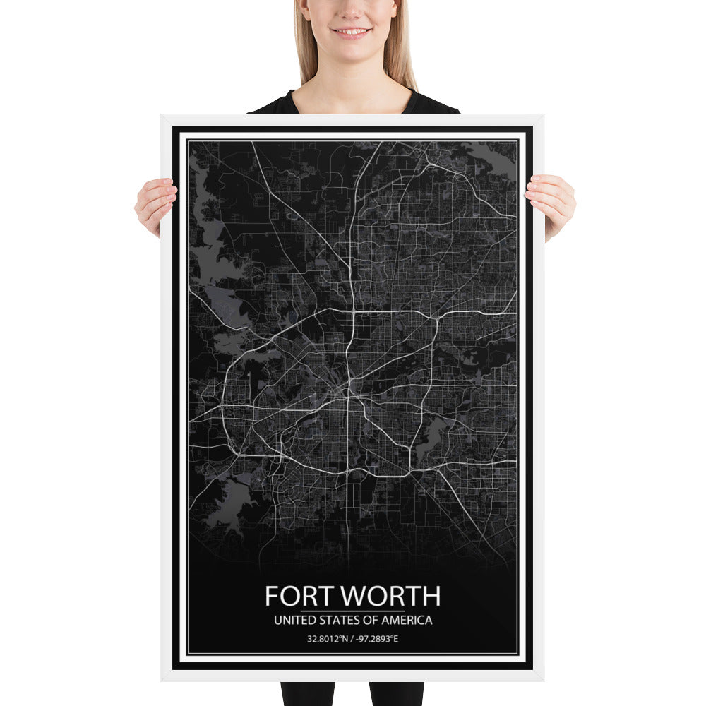 Fort Worth Black Framed Map