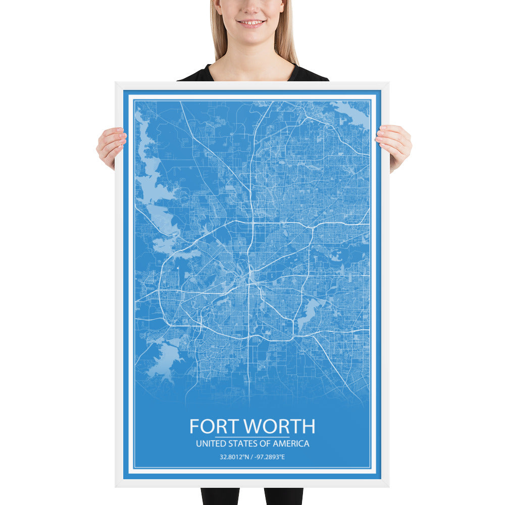 Fort Worth Blue and White Framed Map