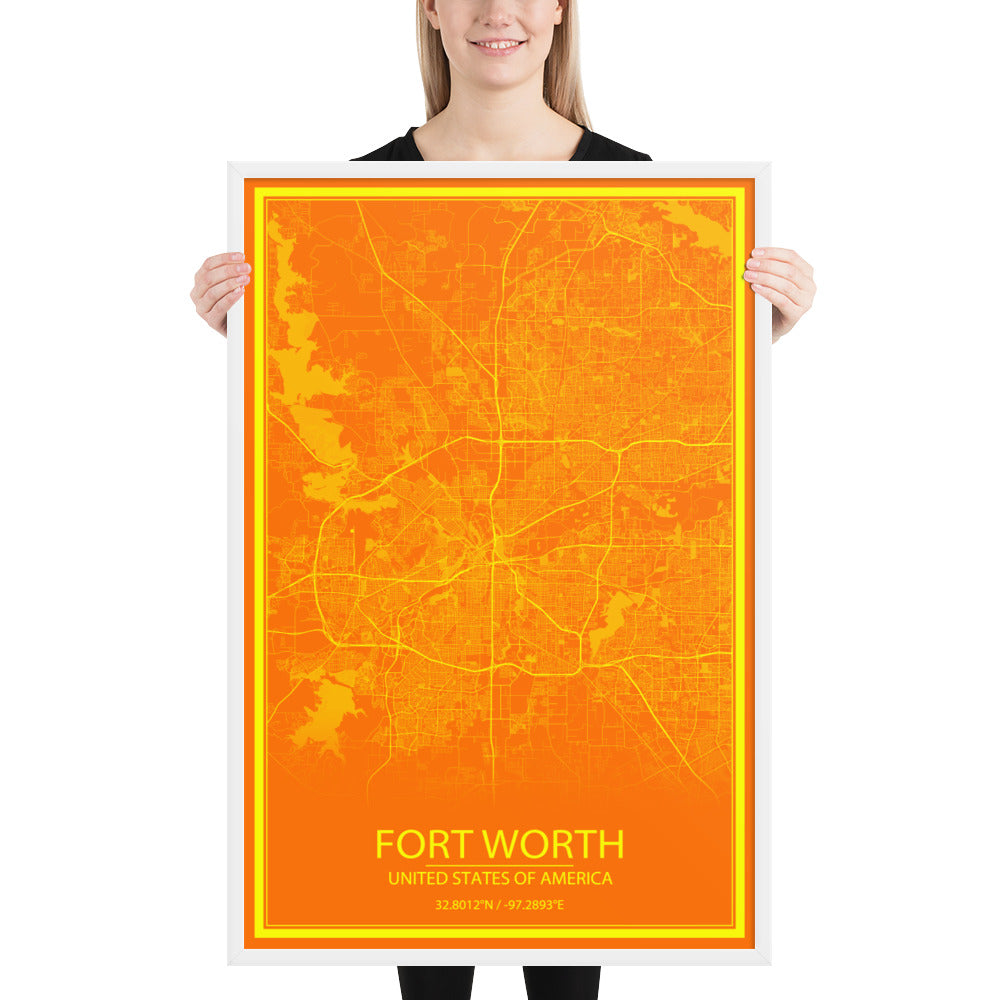 Fort Worth Orange and Yellow Framed Map