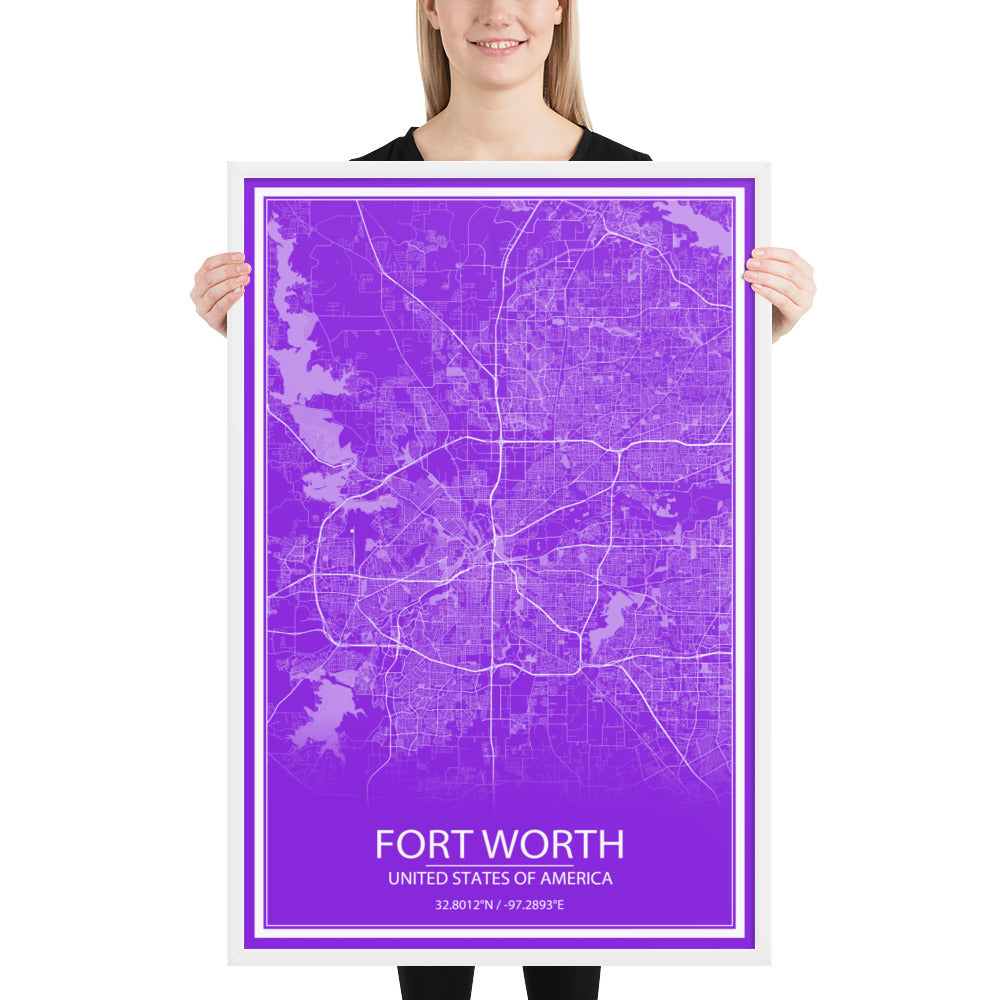 Fort Worth Purple and White Framed Map