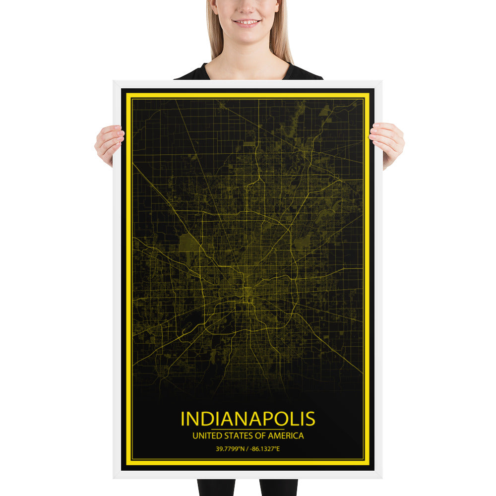 Indianapolis Black and Yellow Framed Map