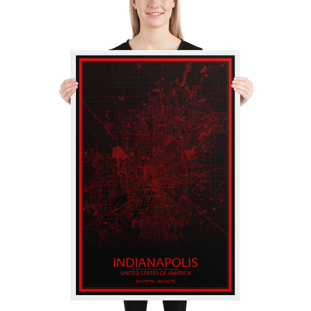 Indianapolis Black and Red Framed Map