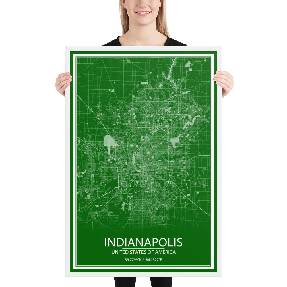 Indianapolis Green and White Framed Map