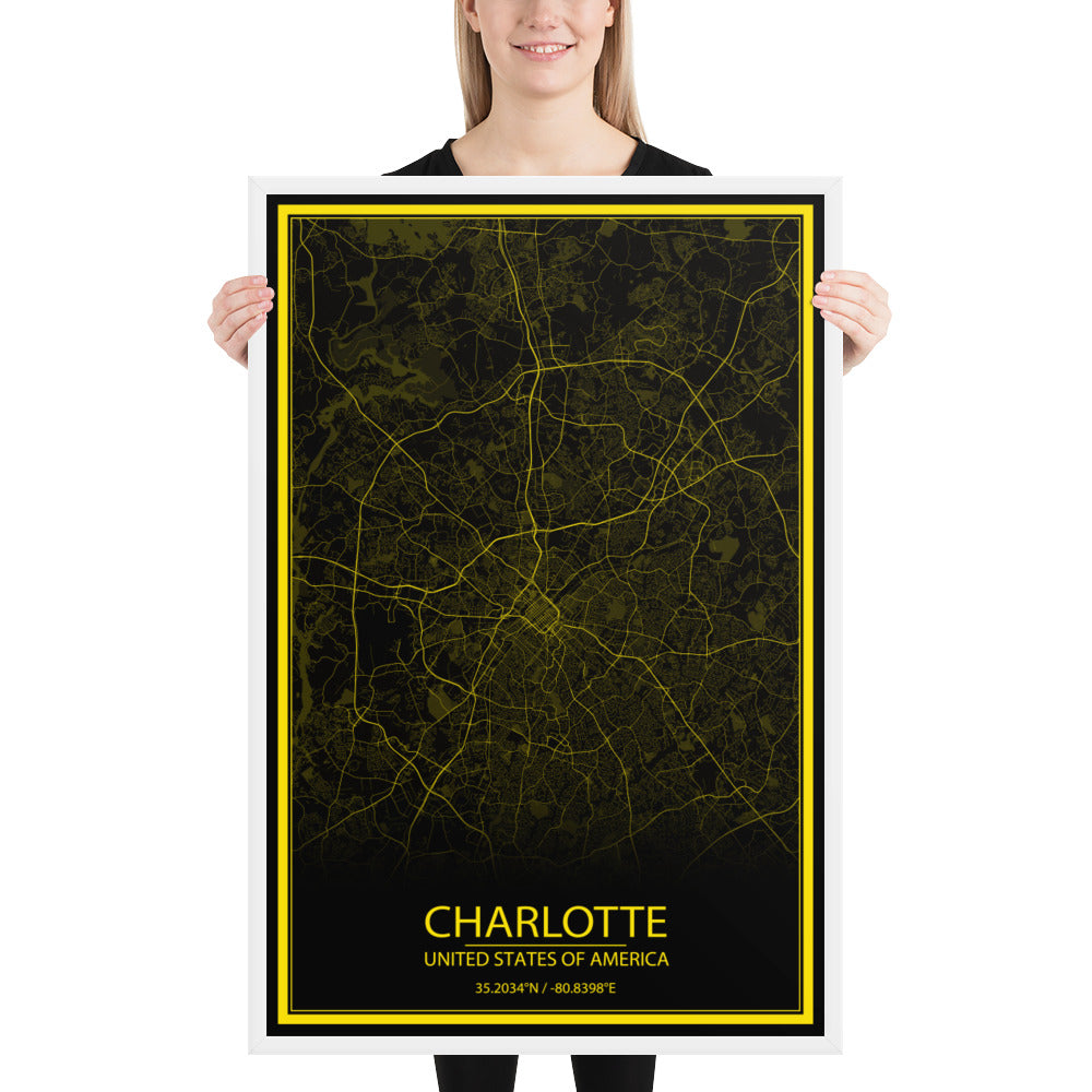 Charlotte Black and Yellow Framed Map