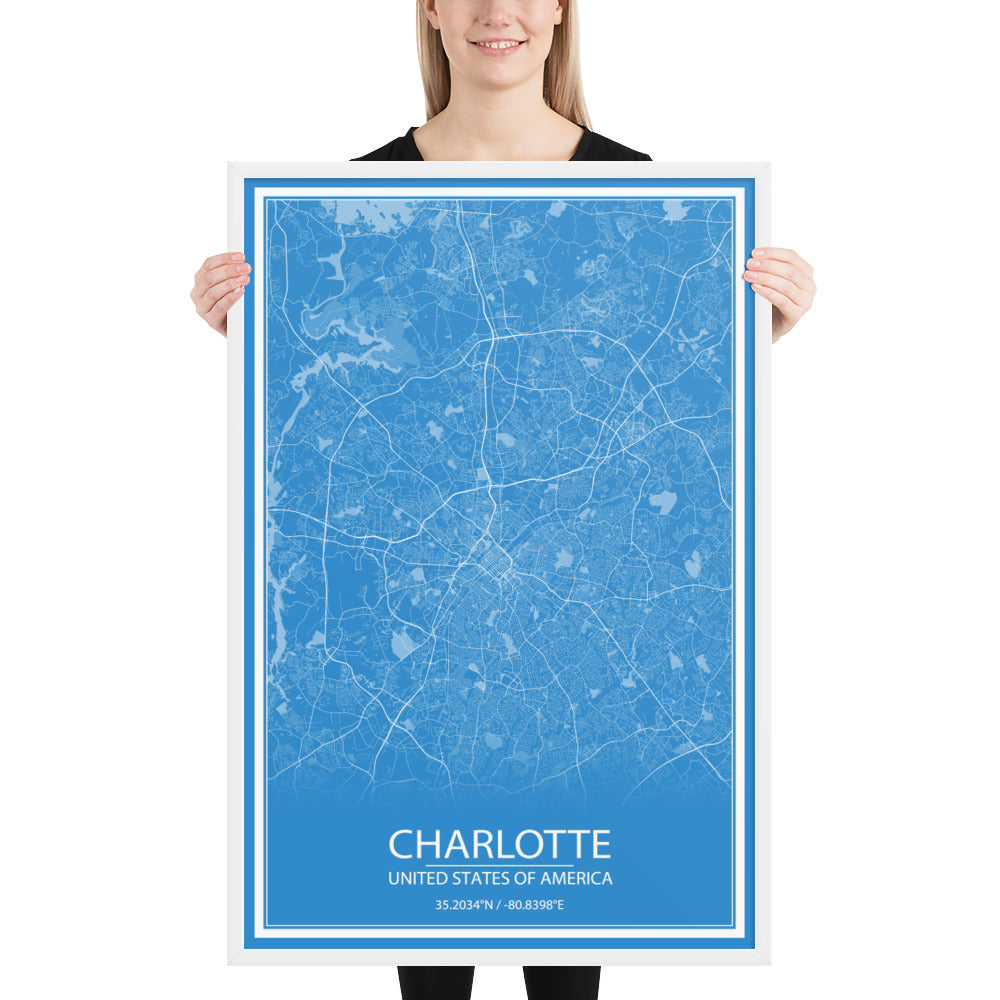 Charlotte Blue and White Framed Map