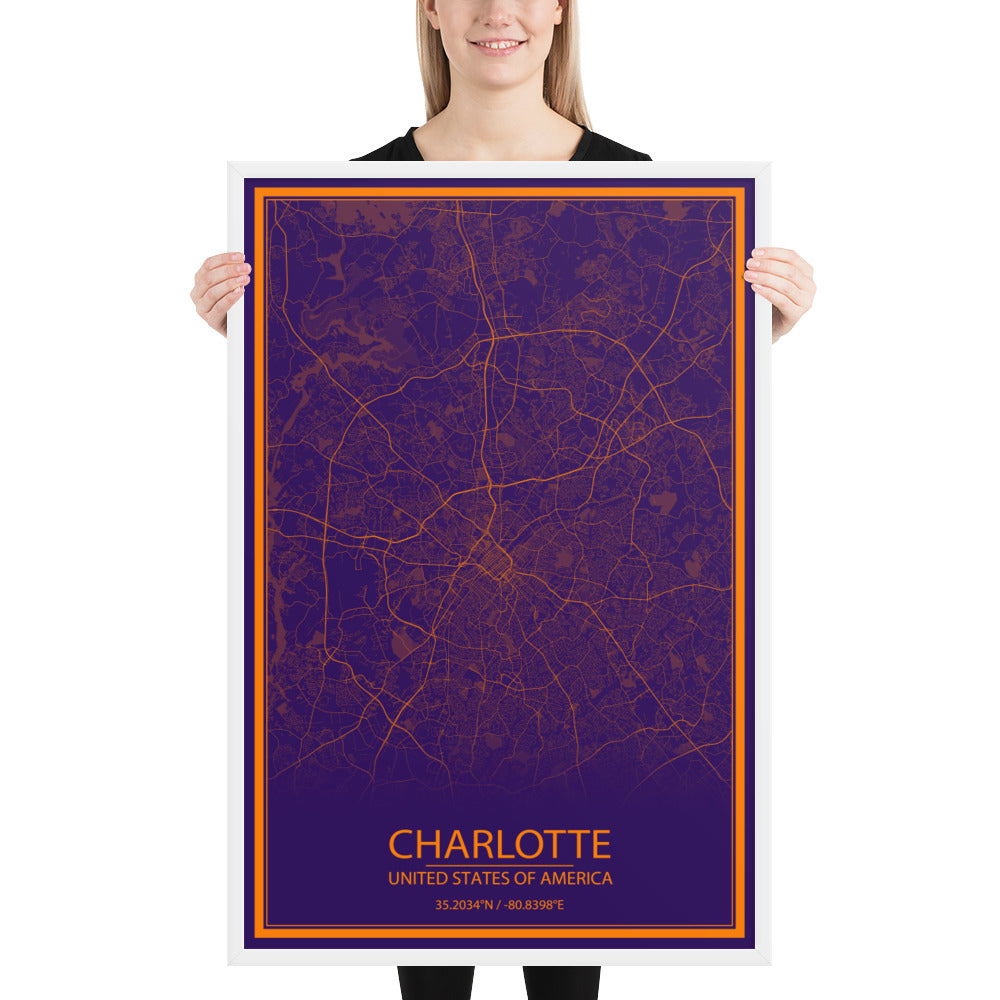 Charlotte Purple and Orange Framed Map