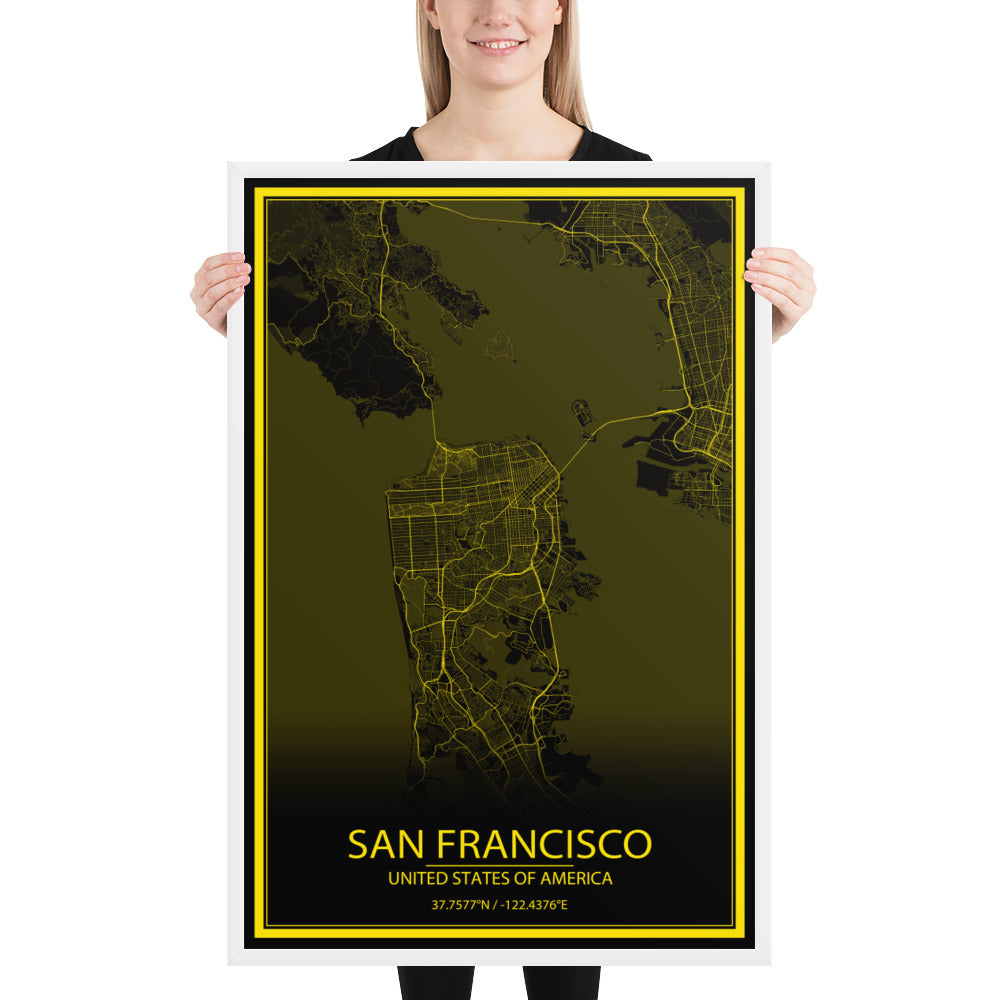 San Francisco Black and Yellow Framed Map