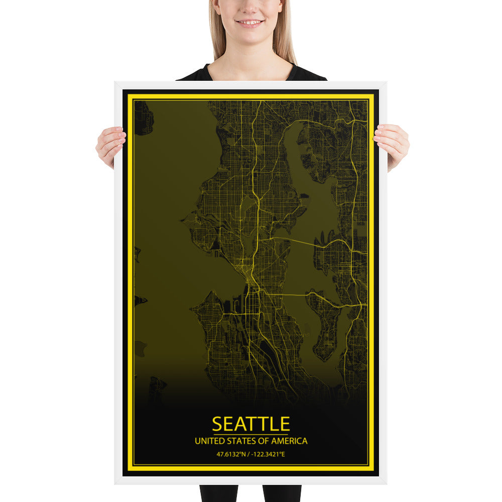 Seattle Black and Yellow Framed Map