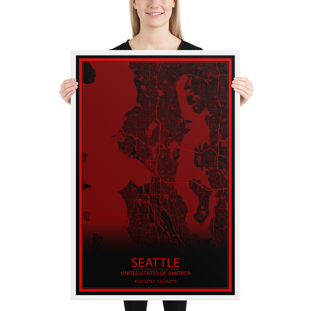 Seattle Black and Red Framed Map