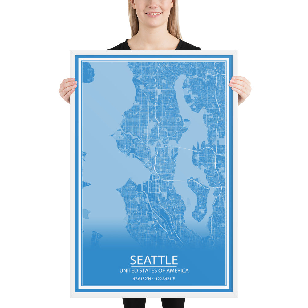 Seattle Blue and White Framed Map