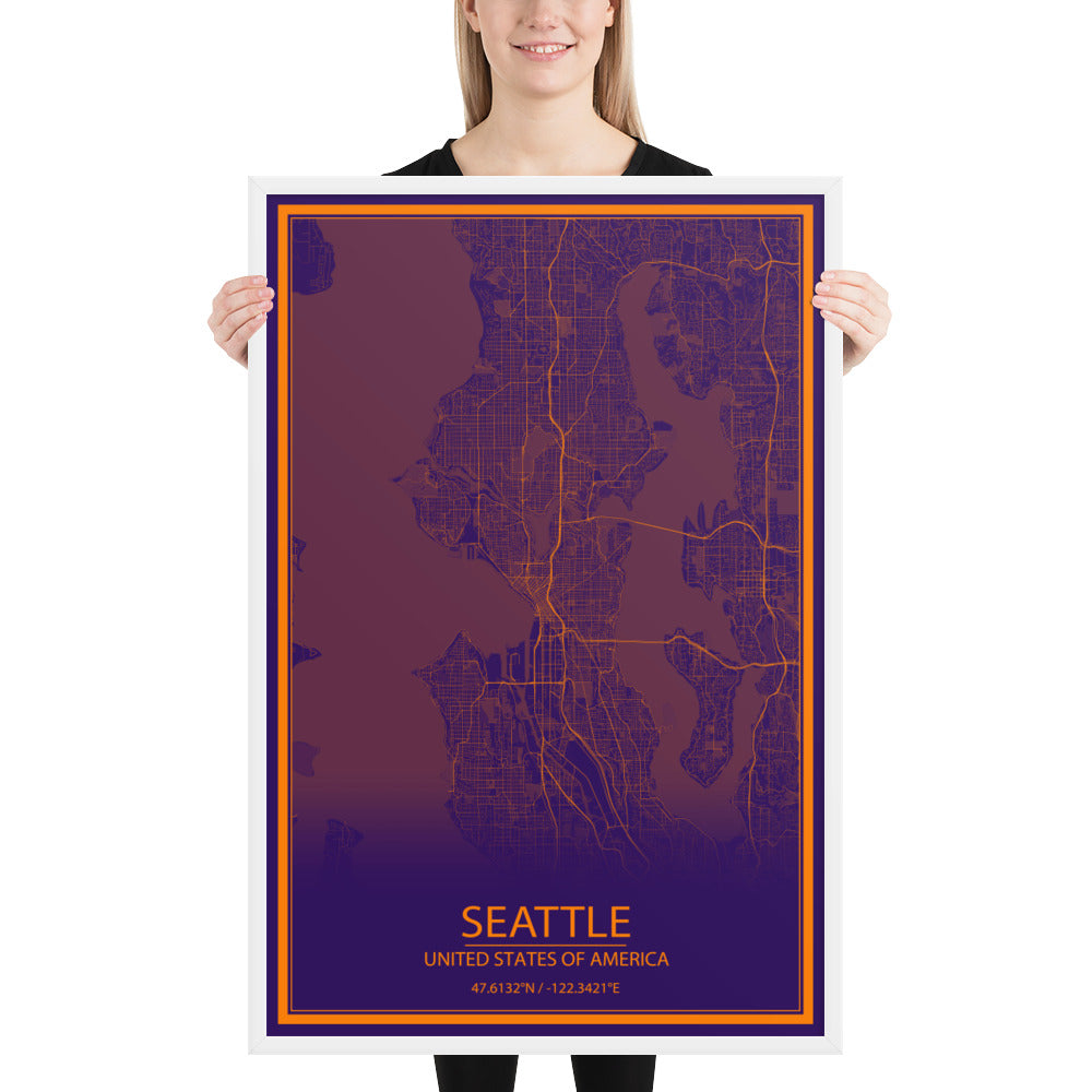 Seattle Purple and Orange Framed Map