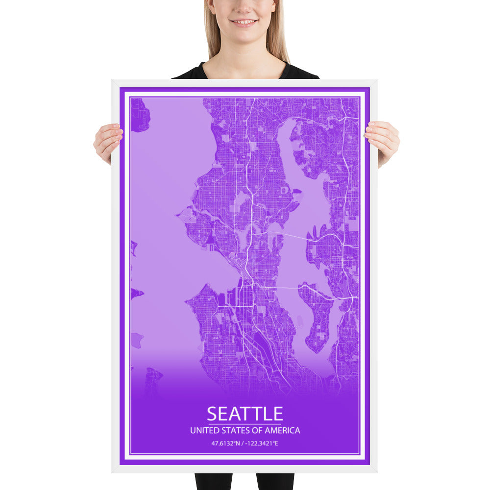 Seattle Purple and White Framed Map