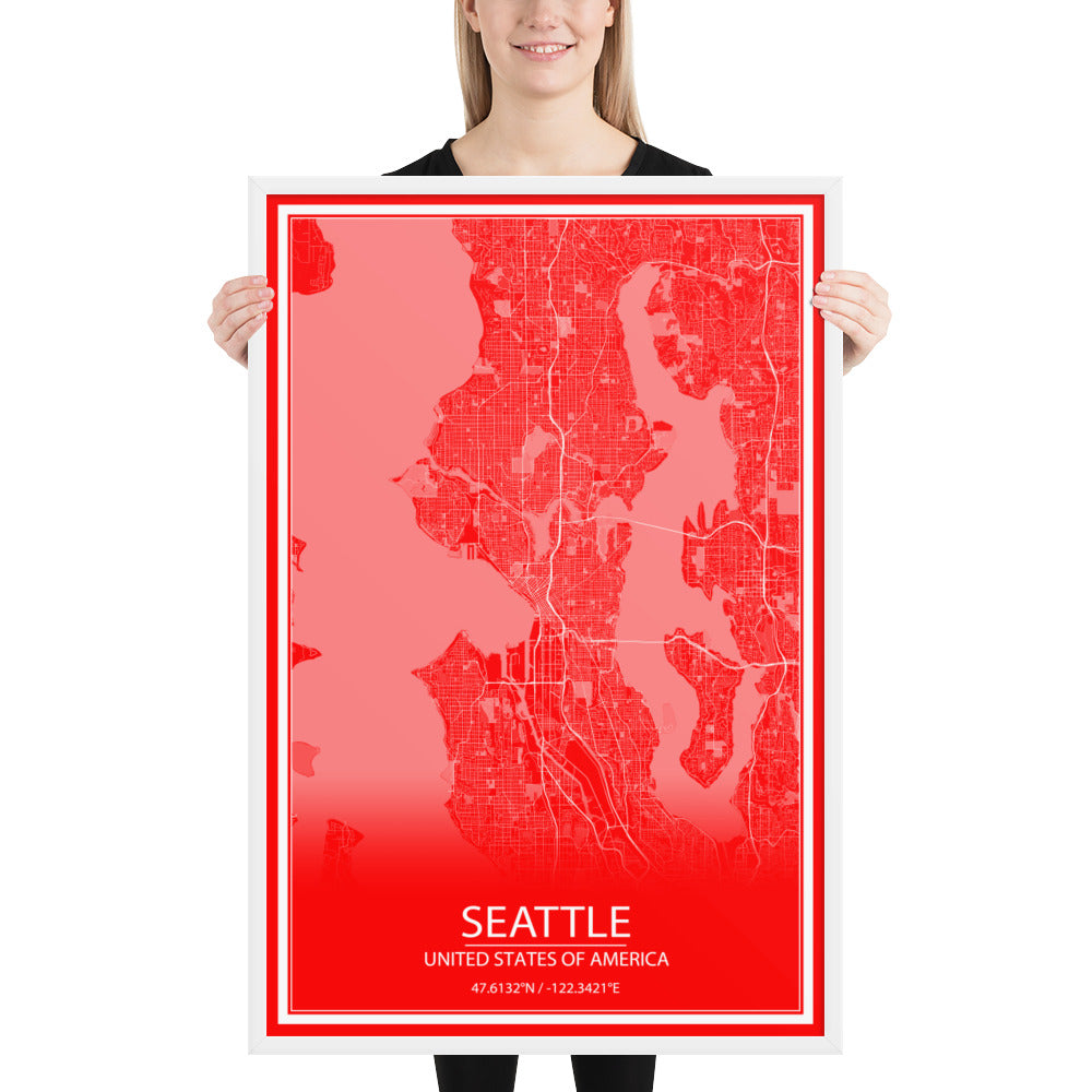 Seattle Red and White Framed Map