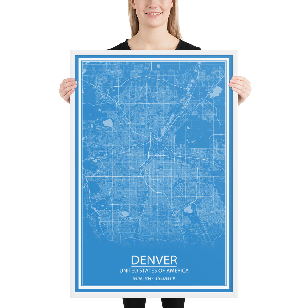 Denver Blue and White Framed Map