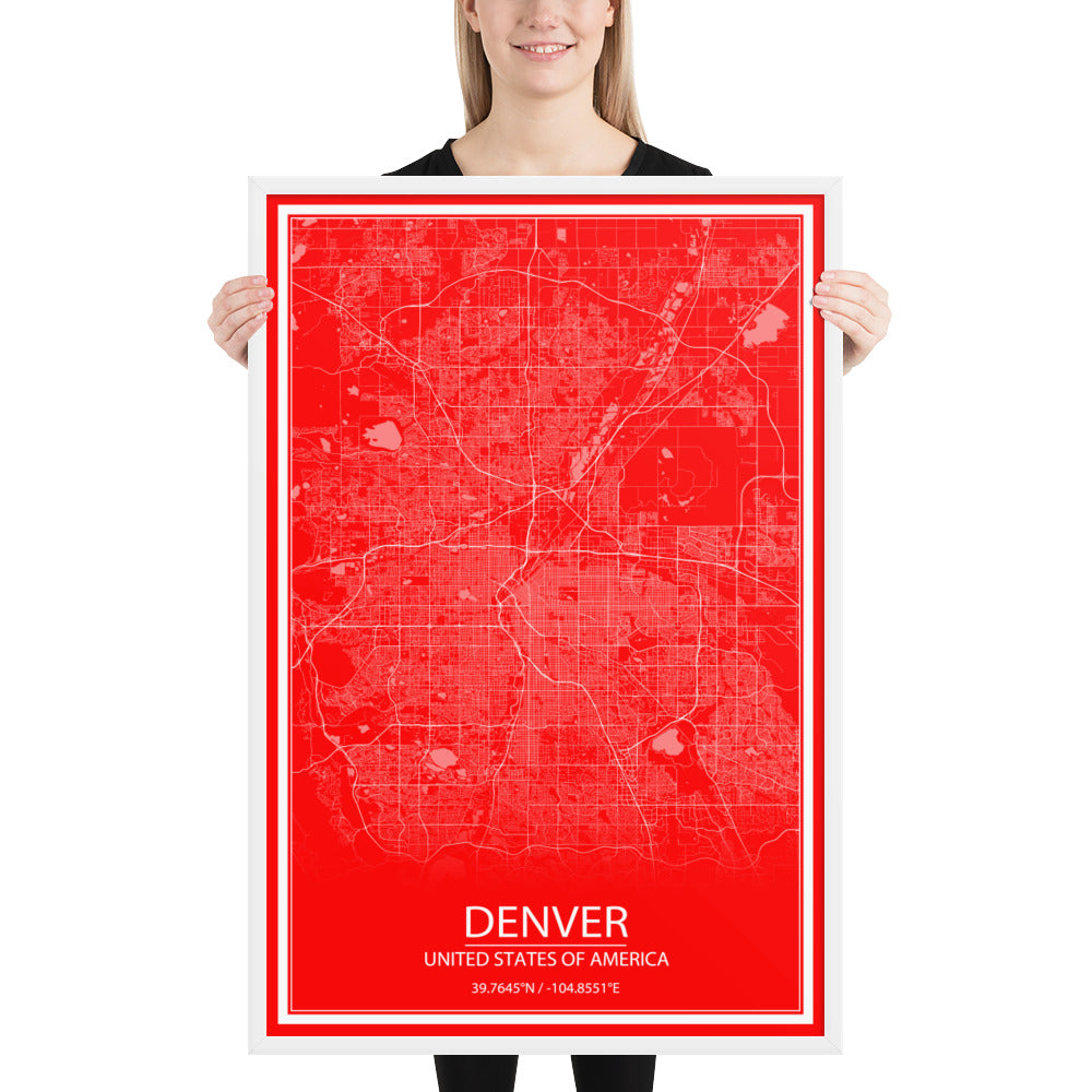 Denver Red and White Framed Map