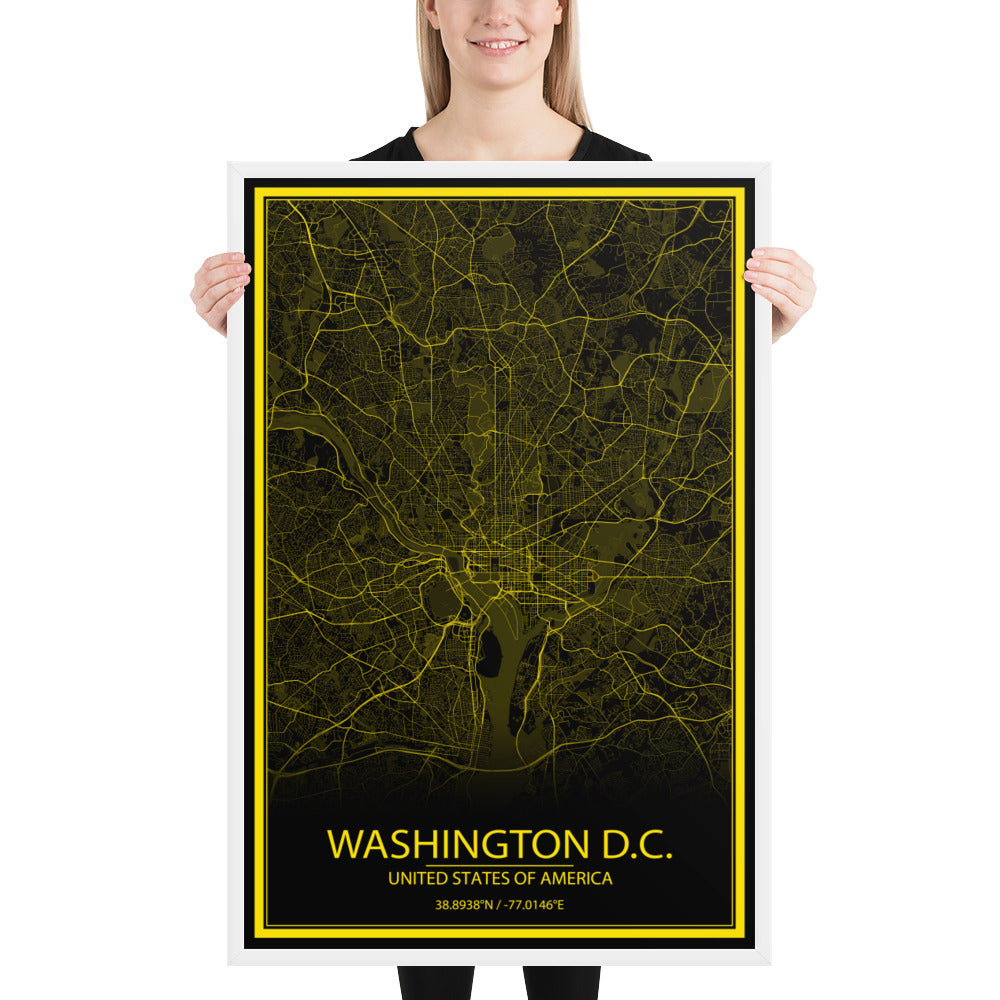 Washington, D.C. Black and Yellow Framed Map